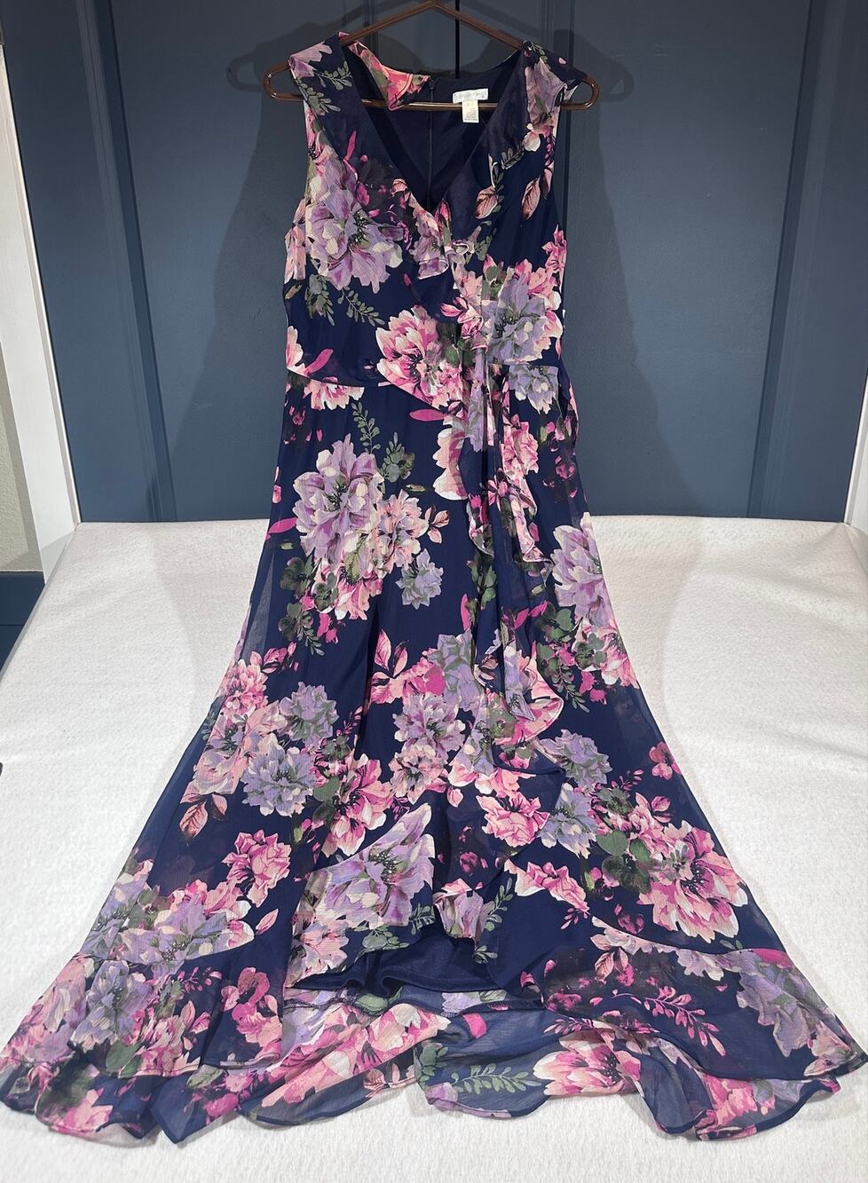 NWT London times black Blue Pink Floral Ruffle Maxi Sleeveless V-Neck High Sz  8